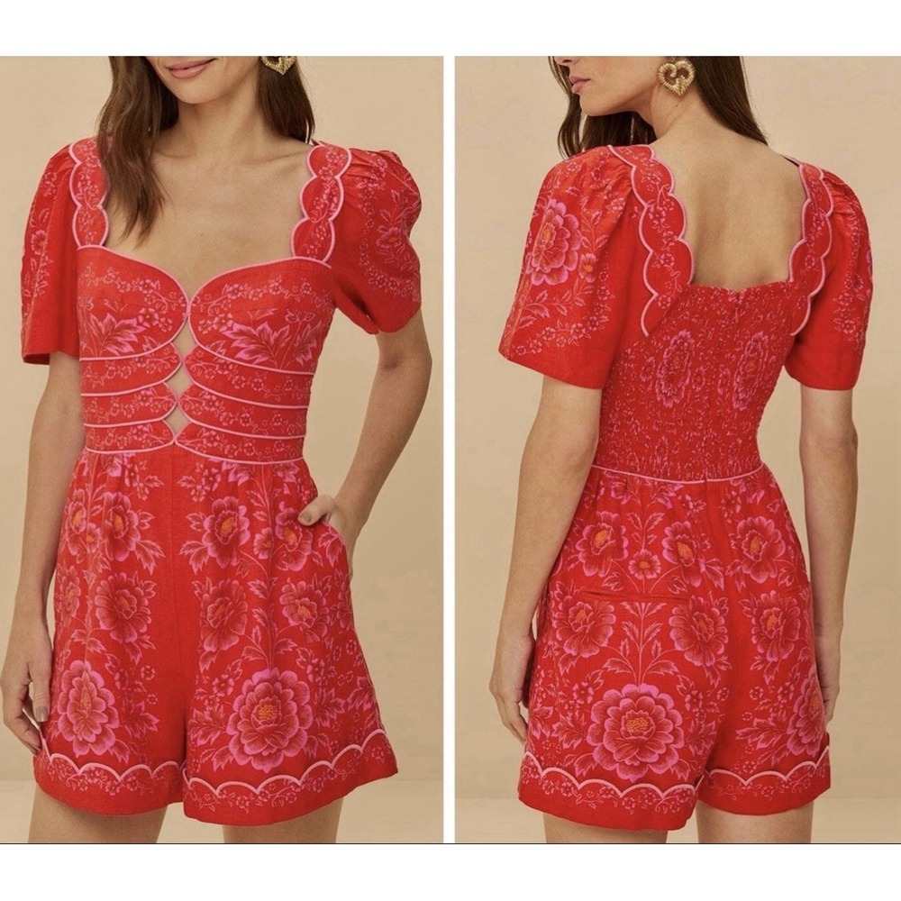 Farm Rio Olivia Cut-Out Linen Blend Romper Size‎ XL Red Floral Pockets